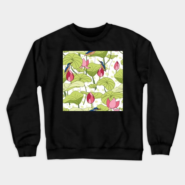 Kingfisher in the Pond sitting on a lotus flower Crewneck Sweatshirt by MegMarchiando